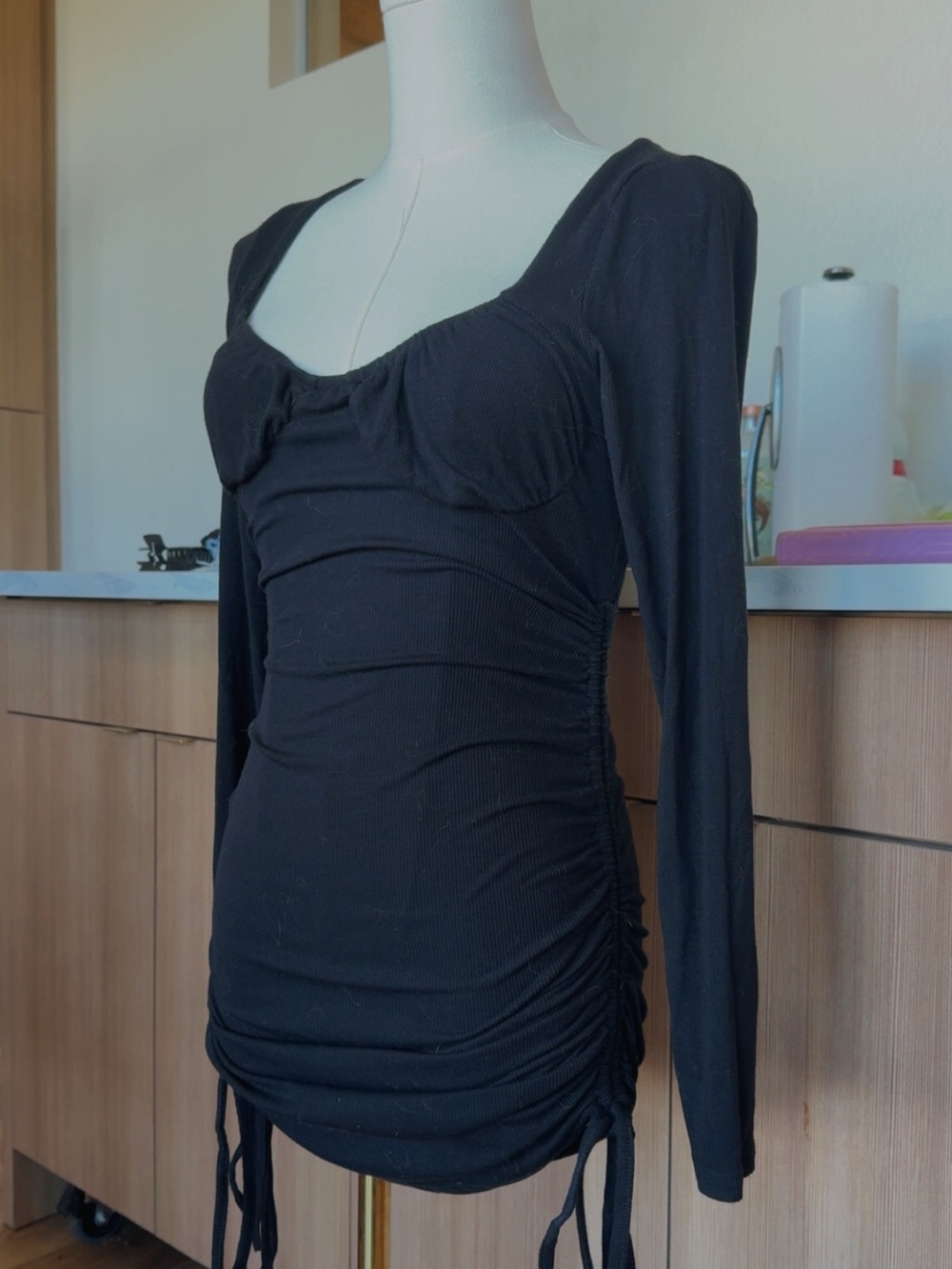 Long Sleeve Ruched Black Women's Dress